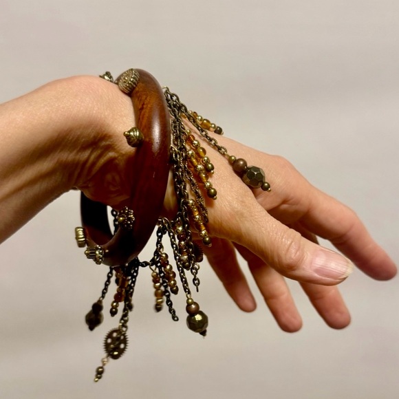 Wooden Bracelet with Gold Accents and Chains - Picture 5 of 13